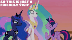 Size: 1280x720 | Tagged: safe, derpibooru import, edit, edited screencap, editor:quoterific, screencap, princess celestia, princess luna, twilight sparkle, twilight sparkle (alicorn), alicorn, pony, a royal problem, season 7, crown, eyes closed, female, jewelry, mare, open mouth, open smile, regalia, smiling