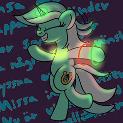 Size: 2000x2000 | Tagged: safe, artist:dafiltafish, derpibooru import, lyra heartstrings, pony, unicorn, bipedal, caramelldansen, dancing, eyes closed, glowstick, grin, lyrics, smiling, solo, text