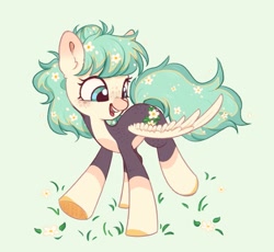 Size: 873x802 | Tagged: safe, artist:melodylibris, derpibooru import, oc, oc only, pegasus, pony, daisy (flower), flower, flower in hair, flower in tail, freckles, green background, open mouth, open smile, simple background, smiling, solo, spread wings, tail, wings