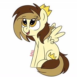 Size: 4096x4096 | Tagged: safe, artist:breebree, derpibooru import, oc, oc only, oc:prince whateverer, pegasus, pony, absurd resolution, crown, eye clipping through hair, eyebrows, eyebrows visible through hair, full body, golden eyes, happy, hooves, jewelry, open mouth, open smile, pegasus oc, regalia, signature, simple background, sitting, smiling, solo, spread wings, tail, two toned mane, two toned tail, white background, wings