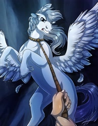 Size: 3186x4096 | Tagged: safe, artist:lupiarts, derpibooru import, oc, oc only, oc:nordeis, human, pegasus, pony, captured, digital art, drawing, frustrated, illustration, lasso, pegasus oc, resisting, rope, spread wings, wings