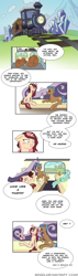 Size: 1306x4591 | Tagged: safe, artist:binidi, derpibooru import, lyra heartstrings, oc, pony, unicorn, comic, dialogue, female, freckles, horn, male, mare, outdoors, stallion, train, unicorn oc