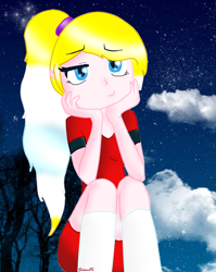 Size: 660x830 | Tagged: safe, artist:yulianapie26, derpibooru import, oc, oc only, equestria girls, bored, clothes, female, night, sitting, solo, stars, tree