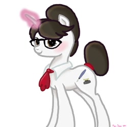 Size: 994x1000 | Tagged: artist needed, safe, derpibooru import, raven, pony, unicorn, blushing, brown eyes, female, glasses, glowing, glowing horn, hair bun, hooves, horn, looking at you, magic, mare, necktie, ravenbetes, signature, simple background, smiling, solo, standing, white background