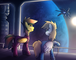 Size: 1920x1536 | Tagged: safe, artist:magicstarfriends, derpibooru import, oc, oc only, oc:cutting chipset, oc:dual screen, pegasus, pony, augmented, bodysuit, clothes, duo, female, looking at someone, male, planet, space, space station, spaceship, spacesuit, stars, window