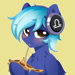 Size: 1600x1600 | Tagged: artist needed, safe, derpibooru import, oc, oc only, oc:moonlight drop, pegasus, pony, blushing, chest fluff, eating, food, green eyes, headphones, hoof hold, male, outline, pegasus oc, pizza, shading, simple background, solo, stallion, white outline, yellow background