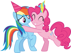 Size: 3973x3000 | Tagged: safe, artist:cloudyglow, derpibooru import, pinkie pie, rainbow dash, earth pony, pegasus, pony, secrets and pies, .ai available, ^^, bipedal, duo, duo female, eyes closed, female, folded wings, grin, hat, high res, hooves, hug, mare, party, party hat, pink mane, pink tail, raised hoof, raised leg, simple background, smiling, standing, tail, transparent background, vector, wings