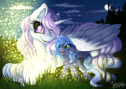 Size: 4093x2894 | Tagged: safe, artist:julunis14, derpibooru import, princess celestia, princess luna, alicorn, firefly (insect), insect, pony, amazed, blank flank, canterlot, cewestia, cute, digital art, ears, female, filly, floppy ears, foal, lunabetes, moon, night, pink hair, pink-mane celestia, woona, younger