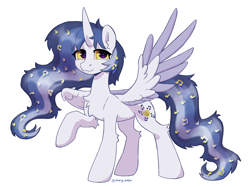 Size: 3324x2480 | Tagged: safe, artist:kotya, derpibooru import, oc, oc only, oc:princess medley resonance, alicorn, pony, chest fluff, ear fluff, ears, horn, looking at you, notes, smiling, solo, spread wings, wings