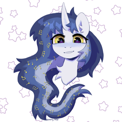 Size: 2000x2000 | Tagged: safe, artist:kotya, derpibooru import, oc, oc only, oc:princess medley resonance, pony, chest fluff, ear fluff, ears, horn, looking at you, notes, smiling, smiling at you, solo, stars