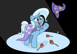 Size: 1971x1387 | Tagged: safe, artist:pony-thunder, derpibooru import, trixie, pony, unicorn, cape, clothes, female, flower, happy, hat, horn, mare, open mouth, open smile, raised hoof, raised leg, rose, smiling, solo, solo female, stage light, tail, trixie's cape, trixie's hat