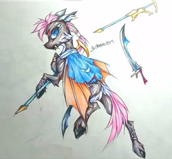 Size: 2933x2723 | Tagged: safe, artist:creature.exist, derpibooru import, oc, oc only, bat pony, pony, band, bandage, chest fluff, ear fluff, ears, gun, knife, photo, scar, solo, traditional art, weapon