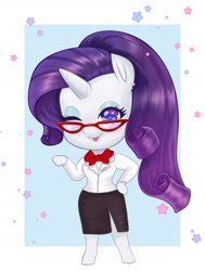 Size: 1280x1691 | Tagged: safe, artist:darkadraws, derpibooru import, rarity, anthro, semi-anthro, unguligrade anthro, unicorn, arm hooves, blouse, chibi, clothes, commission, cravat, female, looking at you, one eye closed, rarity's glasses, side slit, skirt, solo