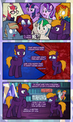 Size: 1920x3169 | Tagged: safe, artist:alexdti, derpibooru import, moondancer, starlight glimmer, sunburst, twilight sparkle, twilight sparkle (alicorn), oc, oc:aqua lux, oc:brainstorm (alexdti), oc:marco, oc:purple creativity, oc:warm focus, alicorn, pegasus, pony, unicorn, comic:quest for friendship, blaze (coat marking), bloodshot eyes, blushing, coat markings, comic, crossed hooves, dialogue, ears, ears back, eye contact, eyebrows, facial markings, female, floppy ears, folded wings, frown, glasses, green eyes, gritted teeth, high res, hoof on chest, hooves, horn, looking at each other, looking at someone, looking back, male, mare, messy mane, multicolored mane, open mouth, pegasus oc, purple eyes, r63 paradox, raised eyebrow, raised hoof, raised leg, rule 63, shadow, shocked, shocked expression, shoulder angel, shoulder devil, shrunken pupils, smiling, speech bubble, spread wings, stallion, standing, twilight's castle, wall of tags, wavy mouth, wings