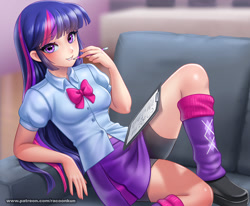 Size: 1300x1072 | Tagged: safe, artist:racoonsan, derpibooru import, twilight sparkle, human, bike shorts, breasts, clipboard, clothes, compression shorts, cute, equestria girls outfit, grin, humanized, leg warmers, legs, looking at you, nail polish, pencil, reclining, shoes, skirt, small breasts, smiling, sofa, tight clothing, twiabetes