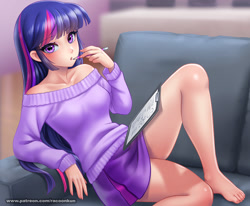 Size: 1300x1072 | Tagged: safe, alternate version, artist:racoonsan, derpibooru import, twilight sparkle, human, bare shoulders, barefoot, breasts, clipboard, clothes, feet, humanized, legs, looking at you, nail polish, pencil, reclining, skirt, small breasts, sofa, sweater