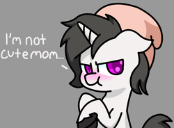 Size: 2724x2000 | Tagged: safe, artist:exoticeon, derpibooru import, oc, oc only, oc:spooky, pony, unicorn, :t, blushing, colored pupils, colt, dialogue, ears back, foal, gray background, gray mane, high res, hooves, horn, i'm not cute, male, scrunchy face, shading, simple background, solo, unicorn oc