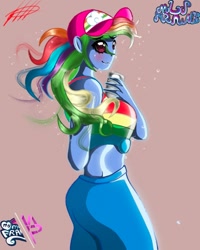 Size: 1080x1350 | Tagged: safe, artist:mlp-france-yt, derpibooru import, rainbow dash, equestria girls, alcohol, blushing, clothes, female, midriff, simple background, solo