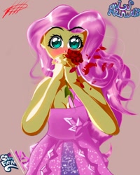 Size: 1080x1350 | Tagged: safe, artist:mlp-france-yt, derpibooru import, fluttershy, equestria girls, blushing, breasts, cleavage, clothes, dress, female, flower, rose, simple background, solo