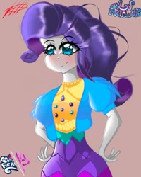 Size: 1080x1350 | Tagged: safe, artist:mlp-france-yt, derpibooru import, rarity, equestria girls, blushing, breasts, clothes, female, raritits, red background, simple background, smiling, solo