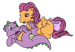 Size: 555x387 | Tagged: safe, artist:mattiedrawsponies, derpibooru import, scootaloo, spike, dragon, pegasus, pony, g1, g4, baby, baby dragon, blank flank, bow, caught, colored, cute, cutealoo, duo, female, filly, foal, g4 to g1, generation leap, male, open mouth, open smile, shocked, simple background, smiling, spikabetes, spikaloo, tail, tail bow, talking, transparent background, vector