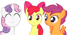 Size: 2234x1096 | Tagged: safe, artist:jan, derpibooru import, edit, edited screencap, screencap, apple bloom, scootaloo, sweetie belle, earth pony, pegasus, pony, unicorn, ask the crusaders, background removed, cutie mark crusaders, eyes closed, female, filly, foal, not a vector, simple background, transparent background