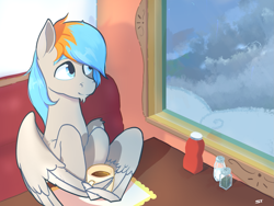 Size: 1837x1378 | Tagged: safe, artist:storyteller, derpibooru import, oc, oc only, oc:shade flash, pegasus, cloud, coffee, commission, lightning, male, solo, stallion, window, wing hands, wings