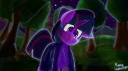 Size: 3860x2160 | Tagged: safe, artist:llamalauncher, derpibooru import, twilight sparkle, pony, female, forest, hat, night, one ear down, solo, tree, witch, witch hat