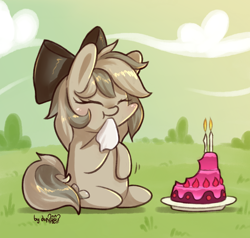 Size: 1134x1080 | Tagged: safe, artist:dsp2003, oc, oc:stone, earth pony, pony, birthday cake, birthday gift art, blushing, bush, cake, candle, chibi, cloud, eyes closed, female, food, gift art, happy birthday, mare, sitting