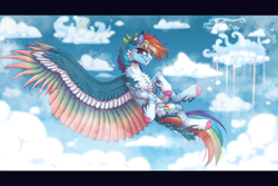 Size: 900x600 | Tagged: safe, artist:spectrasus, derpibooru import, rainbow dash, cheek fluff, chest fluff, cloud, cloudsdale, colored wings, ear fluff, ears, fluffy, flying, rainbow waterfall, sky, solo, wings