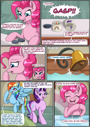 Size: 2893x4092 | Tagged: safe, artist:novaspark, derpibooru import, part of a set, pinkie pie, rainbow dash, starlight glimmer, earth pony, pegasus, pony, unicorn, art pack:summer snarfing, comic, dialogue, imminent vore, sugarcube corner, this will end in cupcakes