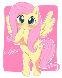 Size: 2924x3654 | Tagged: safe, artist:leo19969525, derpibooru import, fluttershy, pegasus, pony, :o, bipedal, blushing, cute, female, high res, looking at you, mare, open mouth, shyabetes, solo, spread wings, white outline, wings