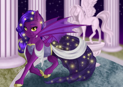 Size: 1280x906 | Tagged: safe, artist:nuumia, derpibooru import, oc, oc only, oc:phantasia, bat pony, pony, bat pony oc, bat wings, clothes, column, dress, female, looking at you, mare, smiling, smiling at you, solo, statue, wings