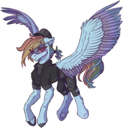 Size: 1024x1060 | Tagged: safe, artist:spectrasus, derpibooru import, rainbow dash, pegasus, pony, fanfic:rainbow factory, cap, clothes, colored wings, ears, fanfic art, female, floppy ears, flying, glasses, hat, looking at you, mare, simple background, solo, spread wings, transparent background, wings