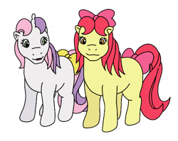 Size: 568x452 | Tagged: safe, artist:mattiedrawsponies, derpibooru import, apple bloom, sweetie belle, earth pony, pony, unicorn, g1, g4, adorabloom, apple bloom's bow, blank flank, bow, colored, cute, diasweetes, duo, female, filly, foal, g4 to g1, generation leap, hair bow, open mouth, open smile, simple background, smiling, tail, tail bow, transparent background, vector
