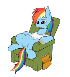 Size: 2179x2391 | Tagged: safe, artist:wapamario63, rainbow dash, pegasus, pony, belly, belly button, cheeto dust, clothes, female, mare, messy mane, neet, on back, shirt, simple background, sitting, sofa, solo, sweat, transparent background