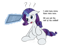 Size: 3300x2460 | Tagged: safe, artist:wapamario63, rarity, pony, unicorn, chest fluff, chubby, crumbs, dialogue, ears, female, floppy ears, levitation, magic, mare, sitting, solo, telekinesis, tray