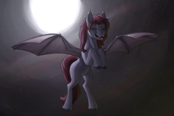 Size: 6000x4000 | Tagged: safe, artist:stardustspix, oc, oc only, oc:sweetnight, bat pony, pony, bat pony oc, eyes closed, fangs, flying, moon, night, open mouth, solo, stars, wings