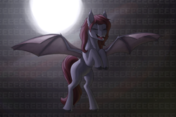 Size: 6000x4000 | Tagged: safe, artist:stardustspix, oc, oc only, oc:sweetnight, bat pony, pony, bat pony oc, eeee, eyes closed, fangs, flying, moon, night, open mouth, solo, stars, wings