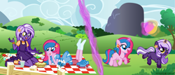 Size: 1700x726 | Tagged: safe, artist:jennieoo, derpibooru import, oc, oc:midnight twinkle, oc:star sparkle, pony, unicorn, equestria girls, apple slice, balloon, beach ball, chatting, female, filly, foal, food, friends, happy, picnic, picnic blanket, pie, playing, running, smiling, vector