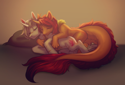 Size: 4000x2712 | Tagged: safe, oc, dracony, dragon, hybrid, unicorn, cuddling, female, horn, husband and wife, male, married couple, shipping, sleeping