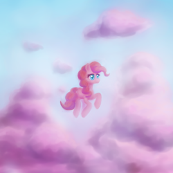 Size: 1200x1200 | Tagged: safe, artist:rainspeak, derpibooru import, pinkie pie, earth pony, pony, cloud, female, flying, mare, solo