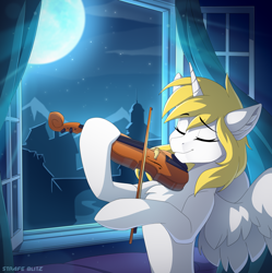 Size: 2106x2116 | Tagged: safe, artist:strafe blitz, derpibooru import, oc, oc only, oc:star nai, alicorn, pony, alicorn oc, eyes closed, horn, moon, musical instrument, night, solo, stars, viola, window, wings