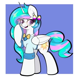 Size: 2000x2000 | Tagged: safe, artist:orbitingdamoon, derpibooru import, princess celestia, alicorn, pony, alternate hairstyle, bow, clothes, glasses, hair bow, looking at you, nonbinary pride flag, pride, pride flag, shirt, solo