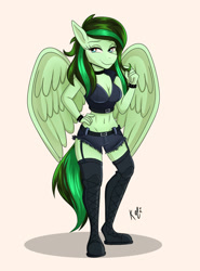 Size: 1280x1730 | Tagged: safe, artist:kefitani, derpibooru import, oc, oc only, oc:eden shallowleaf, anthro, pegasus, belly button, belt, boots, breasts, choker, cleavage, clothes, midriff, pegasus oc, punk, shoes, smiling, solo