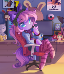 Size: 5099x5837 | Tagged: safe, artist:saxopi, derpibooru import, oc, oc only, oc:lillybit, earth pony, pony, semi-anthro, adorkable, bow, chair, clothes, commission, computer, cute, dork, energy drink, gaming headset, headphones, headset, microphone, plushie, red bull, ribbon, socks, solo, striped socks