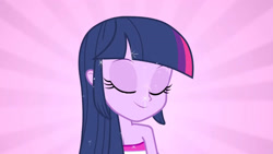 Size: 3410x1920 | Tagged: safe, derpibooru import, screencap, twilight sparkle, equestria girls, equestria girls (movie), bare shoulders, eyes closed, fall formal outfits, female, high res, sleeveless, smiling, solo, strapless, twilight ball dress, upscaled