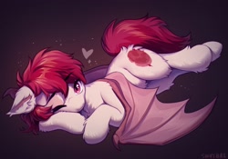 Size: 2048x1431 | Tagged: safe, artist:swaybat, derpibooru import, oc, oc only, oc:crimm harmony, bat pony, pony, bat pony oc, chest fluff, ear fluff, ears, female, fluffy, gradient background, heart, looking at you, lying down, mare, on side, one eye closed, prone, solo