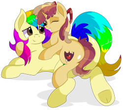 Size: 8800x7900 | Tagged: safe, artist:rainbowtashie, derpibooru import, apple bloom, dinky hooves, oc, oc:rainbow tashie, oc:sparkling apples, earth pony, pony, unicorn, commissioner:bigonionbean, cutie mark, female, filly, foal, fusion, fusion:sparkling apples, horn, hug, hugging a pony, lying down, mare, one eye closed, prone, simple background, transparent background, wink, writer:bigonionbean