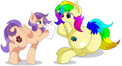 Size: 8800x4800 | Tagged: safe, artist:rainbowtashie, derpibooru import, scootaloo, sweetie belle, oc, oc:rainbow tashie, oc:sweet scooter, earth pony, pegasus, unicorn, butt, commissioner:bigonionbean, cutie mark, female, filly, flank, foal, fusion, fusion:sweet scooter, grades, horn, large butt, lying down, mare, nintendo, nintendo 64, not an alicorn, on side, paper, plot, simple background, teary eyes, thicc ass, transparent background, writer:bigonionbean